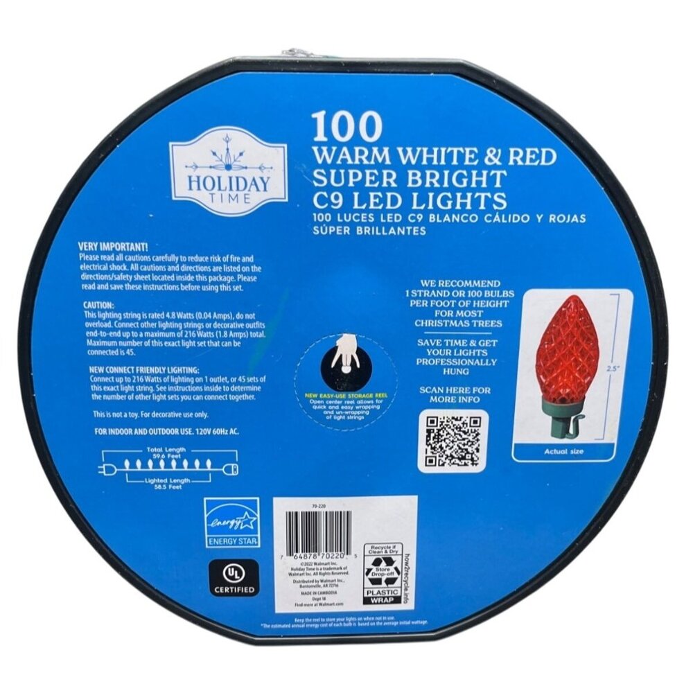Holiday Time 100 Warm White & Red‎ Super Bright C9 LED Lights Indoor/Outdoor - Picture 2 of 6